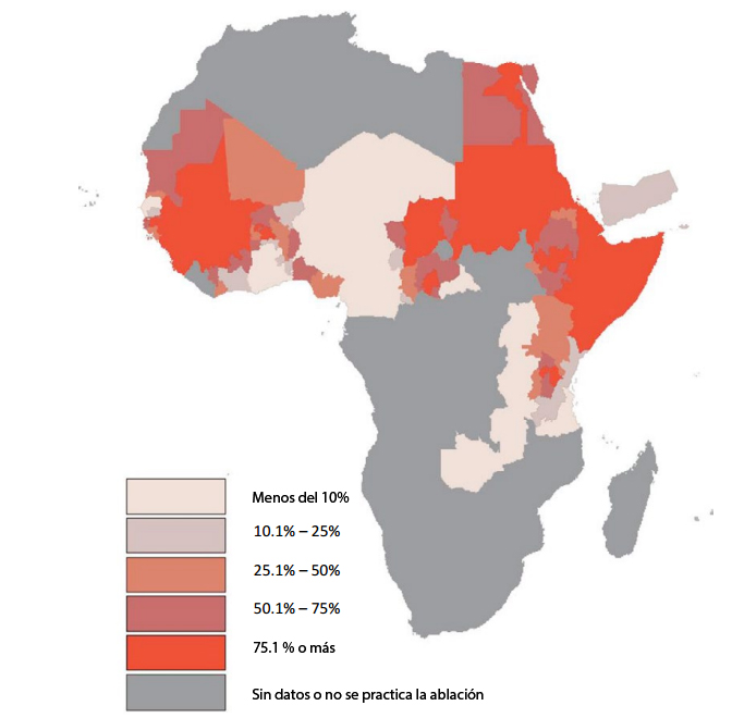 Mapa de países donde se practica la mutilación genital femenina en África