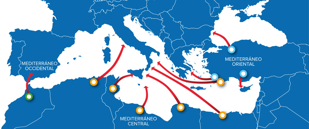 Mapa de rutas del Mediterraneo de refugiados en Europa