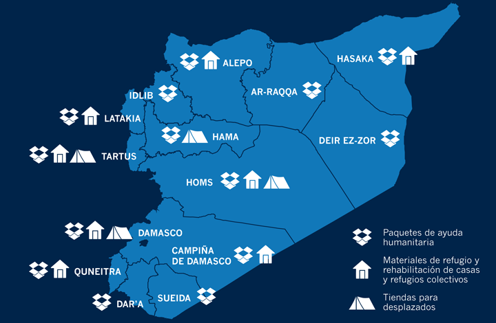 Lugares donde ACNUR ha distribuido ayuda en Siria