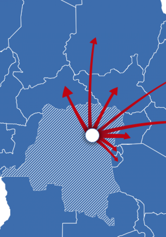 Mapa de Republica Democratica del Congo y sus flujos de refugiados